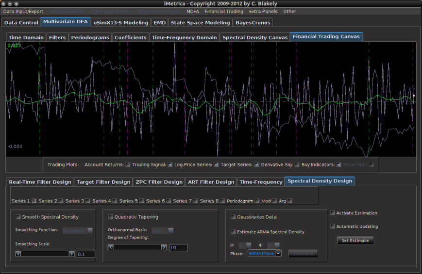 Figure 4: The iMetrica MDFA module for constructing the trading filters. Features dozens of design, analysis, and optimization components to fit the trading priorities of the user and is used in conjunction with the TWS-iMetrica interface.